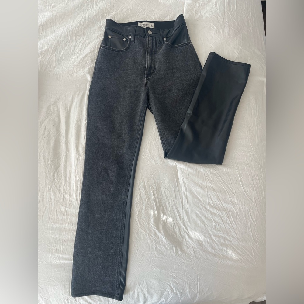 Mixed Fabric Ultra High Rise Ankle Straight Jean